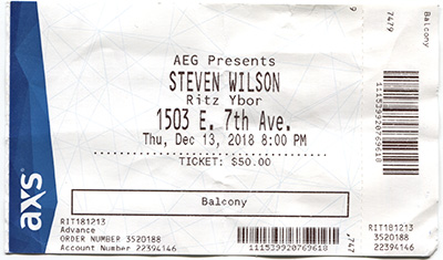Steven Wilson concert ticket for The Ritz in Ybor City, Tampa, Florida on 13 December 2018